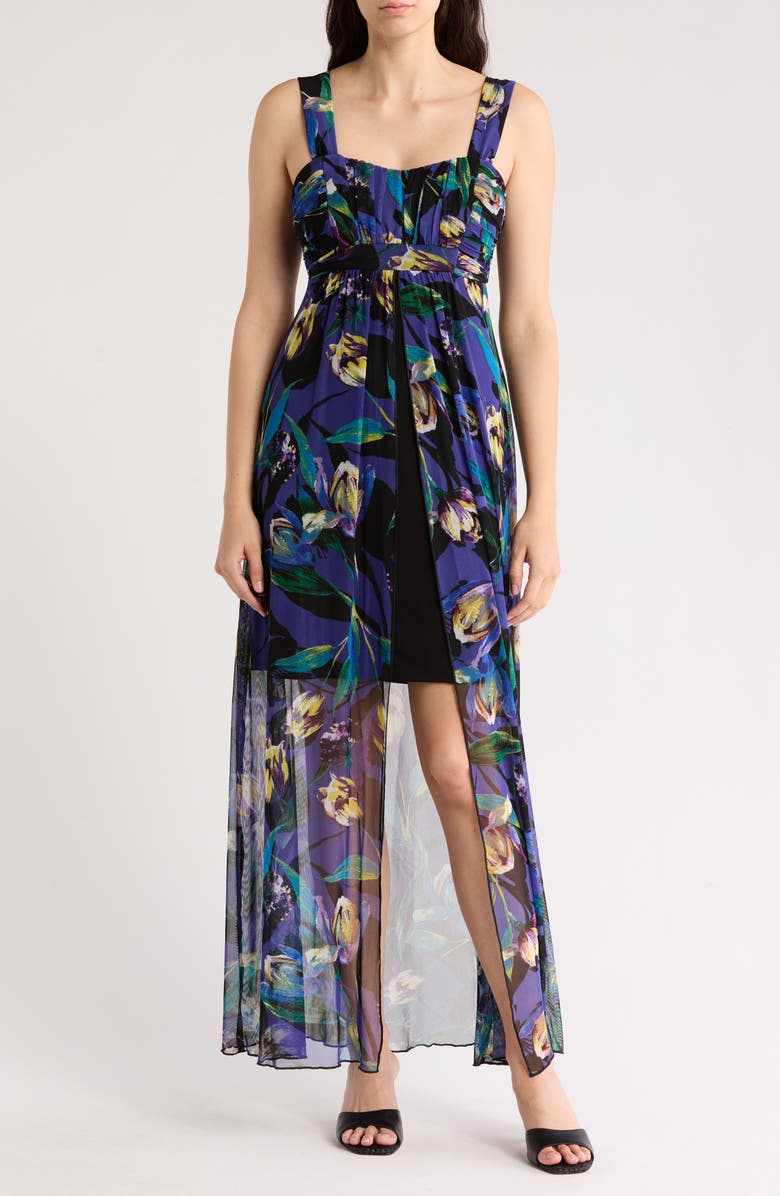 Connected Apparel Walk Through Floral Midi Dress, Main, color, Blueberry