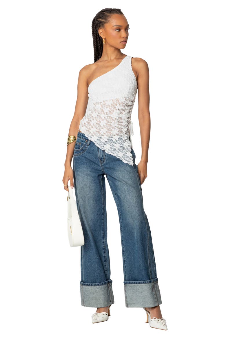 Sheer Lace One-Shoulder Asymmetric Top, Alternate, color, WHITE