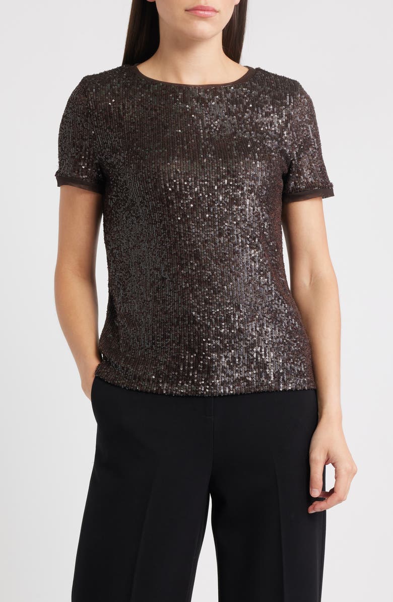 Anne Klein Short Sleeve Sequin Mesh Top, Main, color, Deep Mahogany