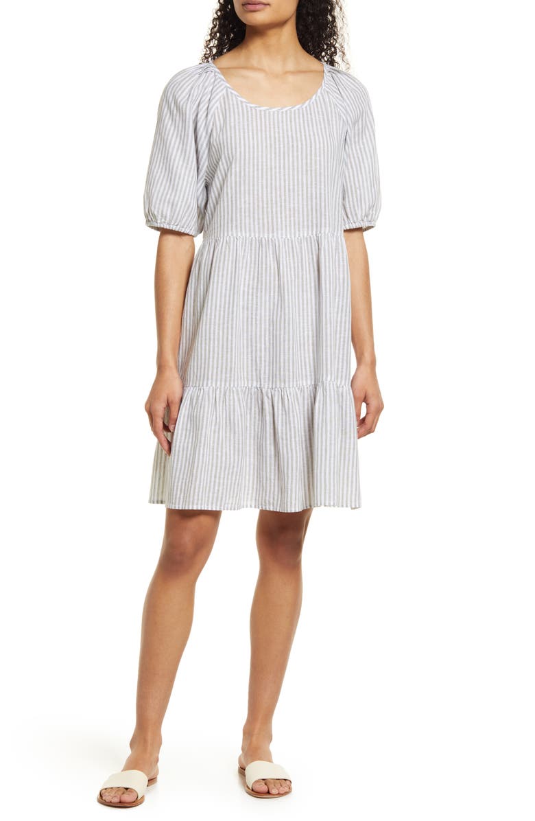 beachlunchlounge Luca Puff Sleeve Linen & Cotton A-line Dress, Main, color,