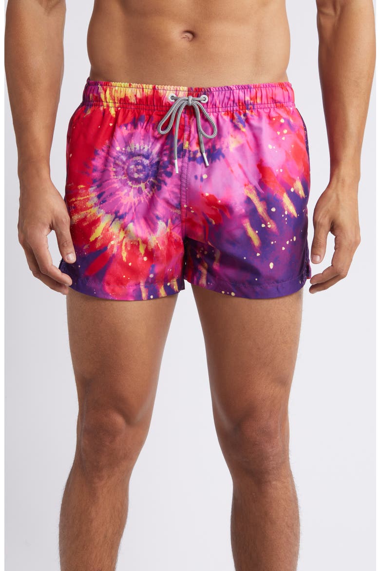 Bright Tie Dye Shortie Swim Trunks, Main, color, PURPLE MULTI