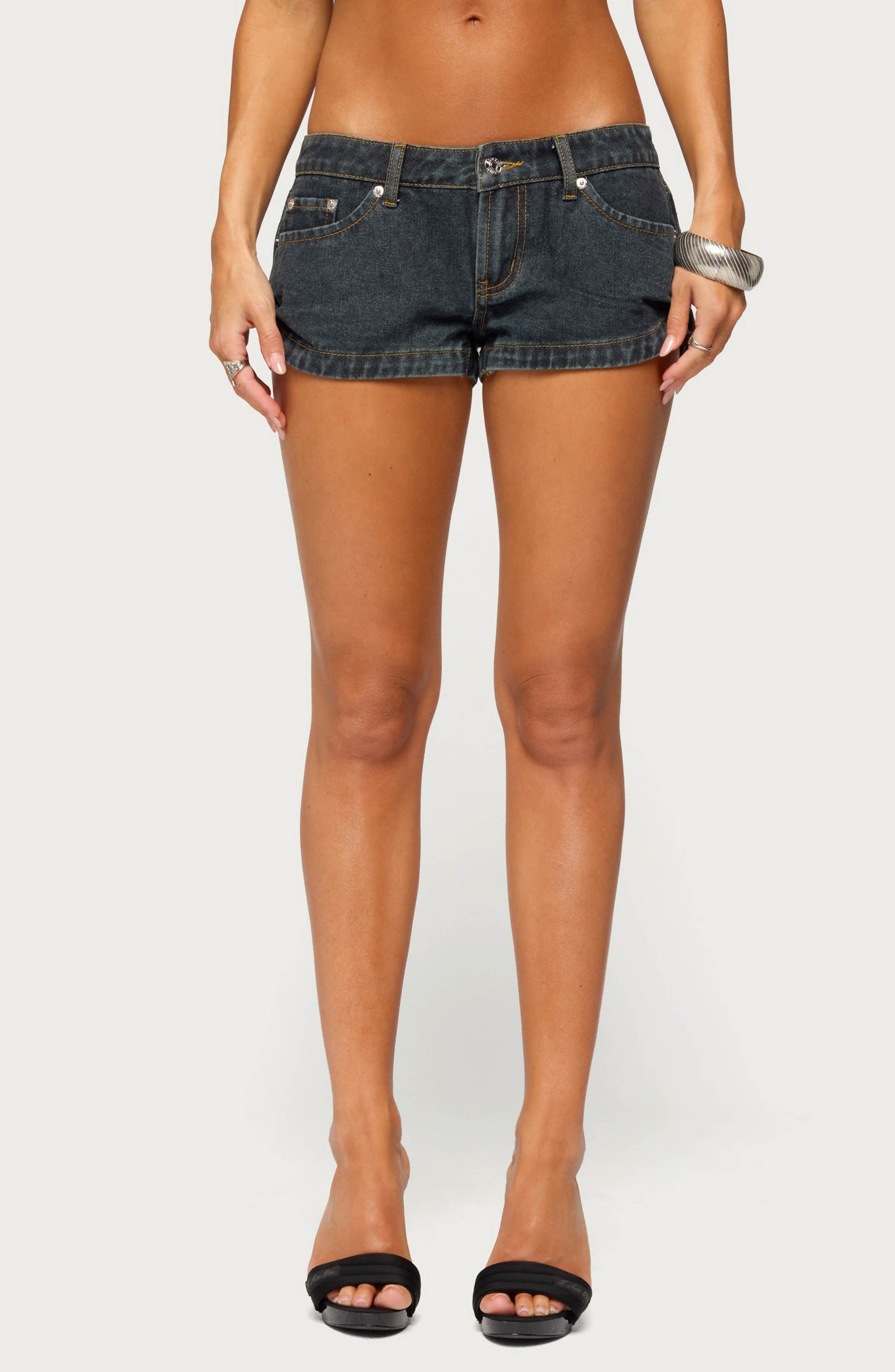 EDIKTED Pleated Low Rise Denim Micro Shorts (Women) | Nordstrom