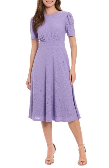 London Times Jesey Embroidered Eyelet Short Sleeve Dress In Purple