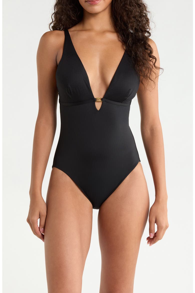 Plunge Neck One-Piece Swimsuit, Main, color, BLACK