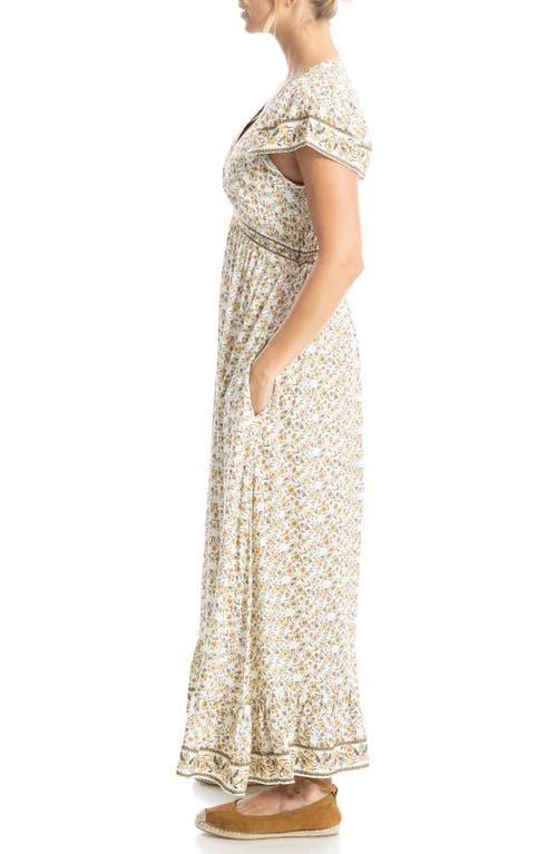 Max Studio Empire Waist Flutter Sleeve Maxi Dress In Cream Yellow Floral