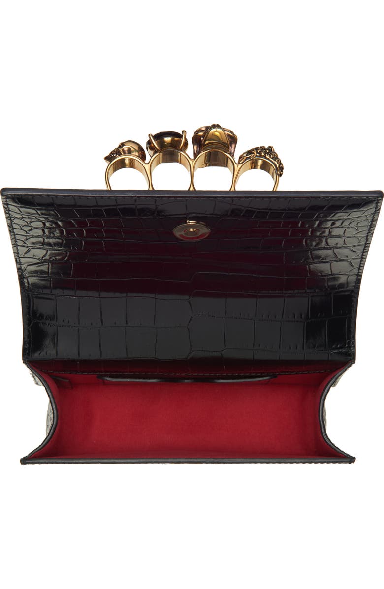 McQueen Alexander McQueen Jewelled Knuckle Croc Embossed Leather Crossbody Bag, Alternate, color, Black/ Gold