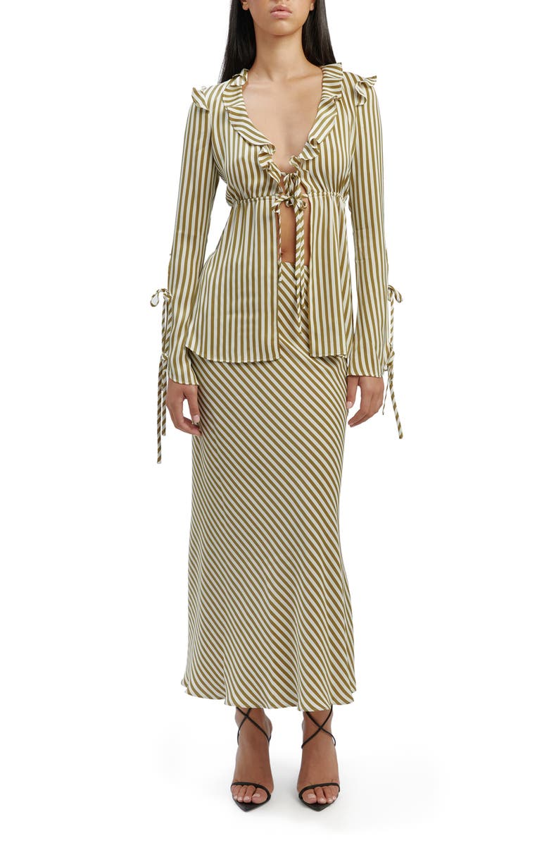 Bardot Dhalia Stripe Frill Tie Front Top, Alternate, color, Green Stripe