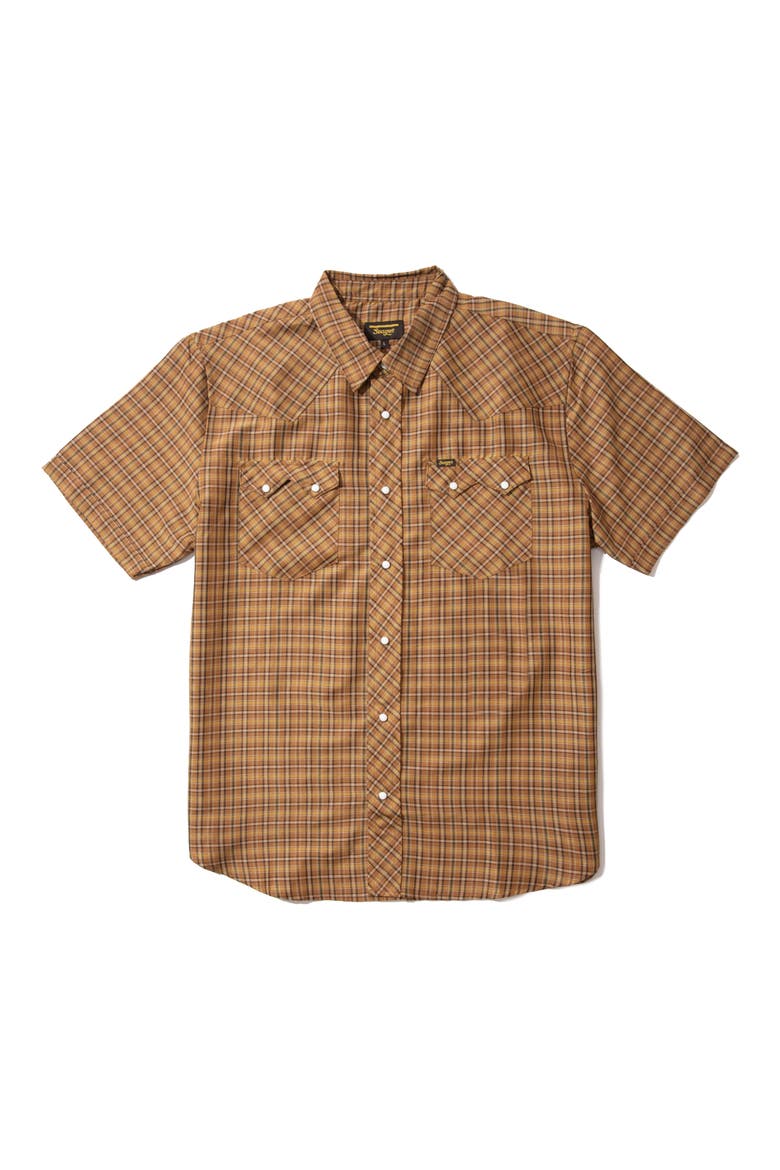 Sawtoof Plaid Short Sleeve Snap-Up Western Shirt, Main, color, GOLD MINI CHECK PLAID