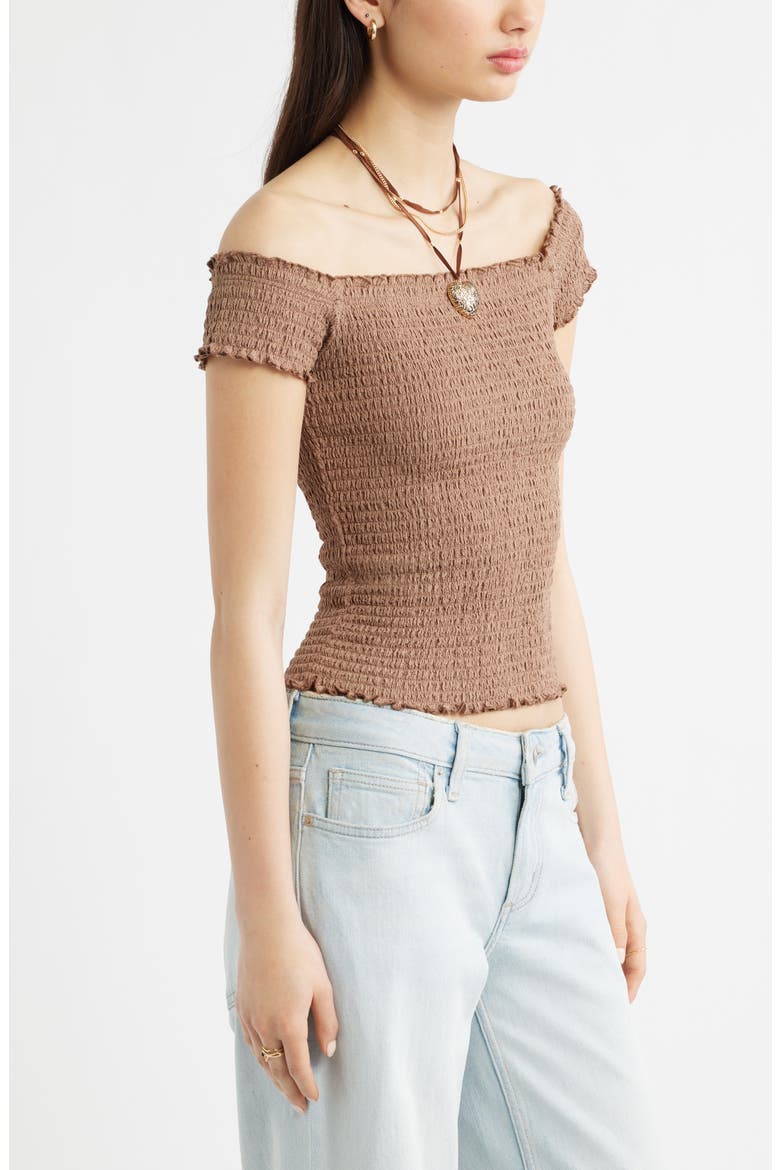Off the Shoulder Smocked Top, Alternate, color, BROWN FRESCO