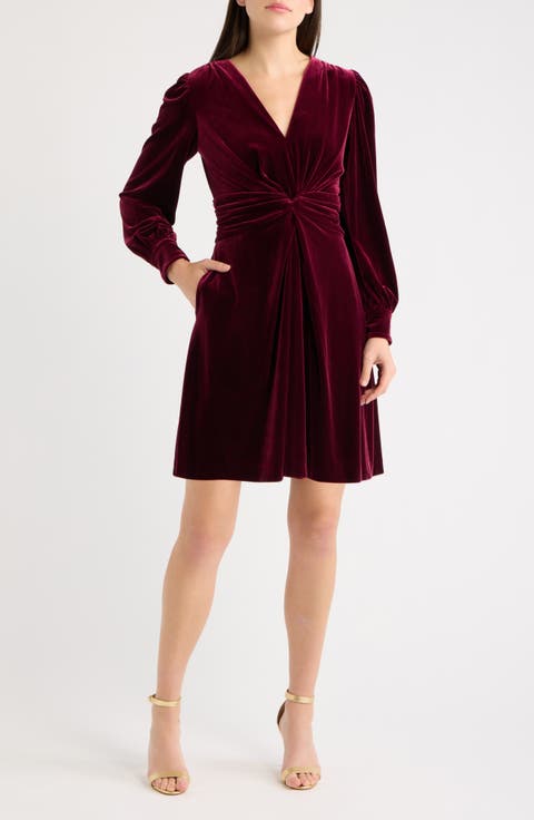Twist Front Long Sleeve Velvet Dress