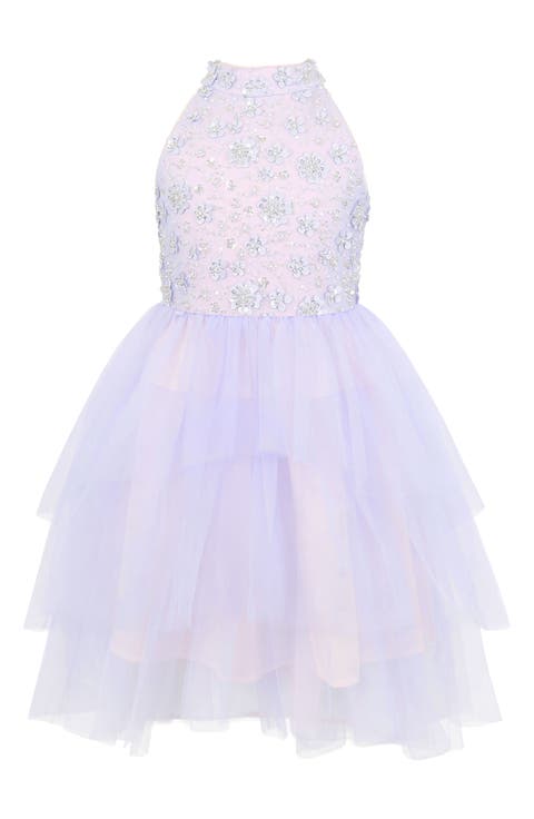 Kids' Sequin Embellished Bodice High-Low Mesh Skirt Party Dress