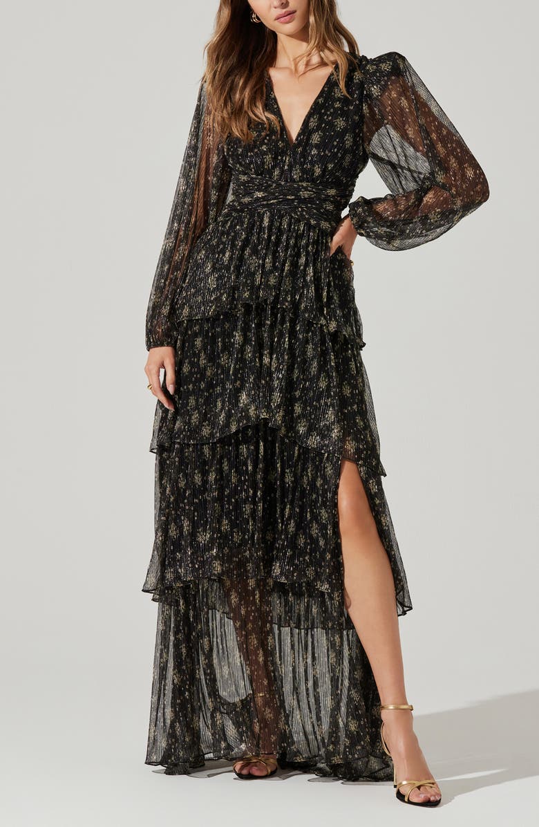 ASTR the Label Anora Long Sleeve Tiered Maxi Dress, Alternate, color, Black Gold Foil