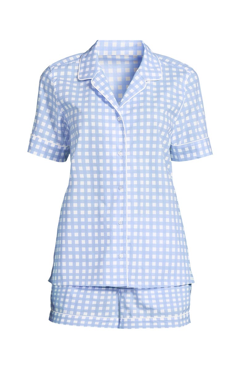 Lands' End Plus Size Cotton Poplin 2 Piece Pajama Set - Short Sleeve Top and Shorts, Alternate, color, Misty Blue Gingham