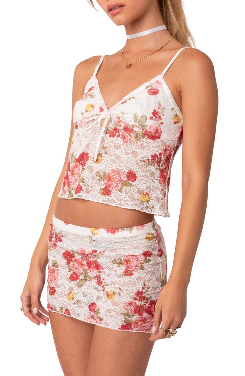 EDIKTED Portofino Floral Sheer Lace Crop Camisole, Alternate, color, White Multi