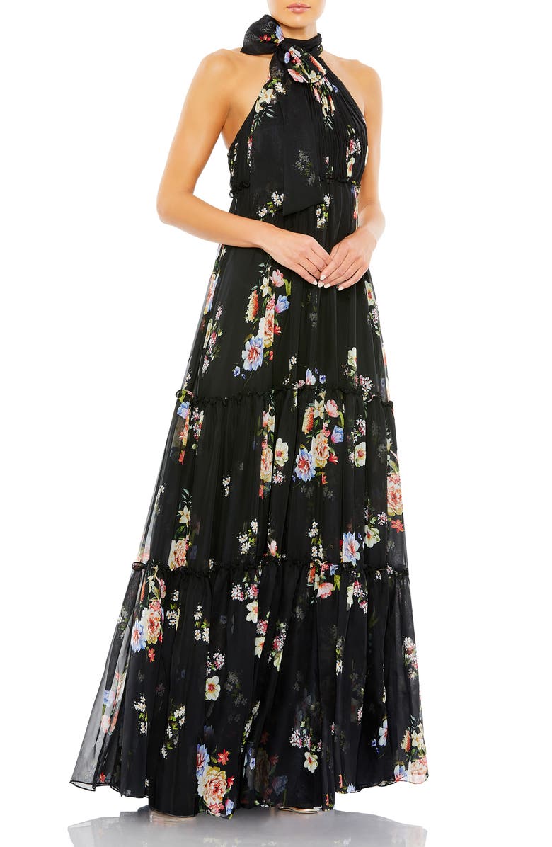 Ieena for Mac Duggal Floral Print Halter Neck Chiffon Maxi Dress, Main, color,