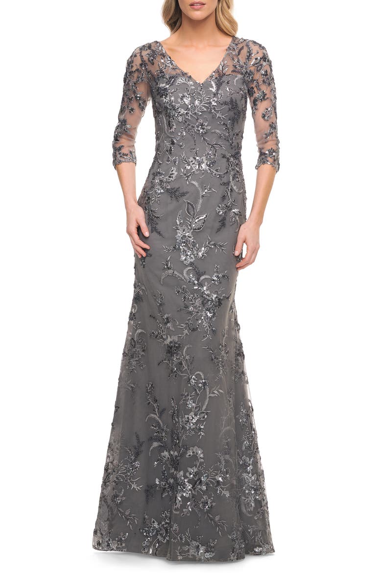 Beaded Lace Mermaid Gown, Main, color, GUNMETAL