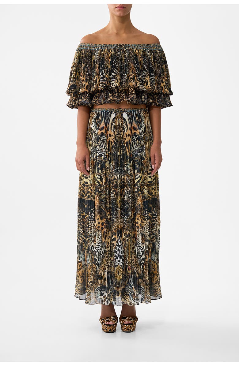 Camilla Off Shoulder Short Sleeve Pleated Top, Main, color, Feline Folklore