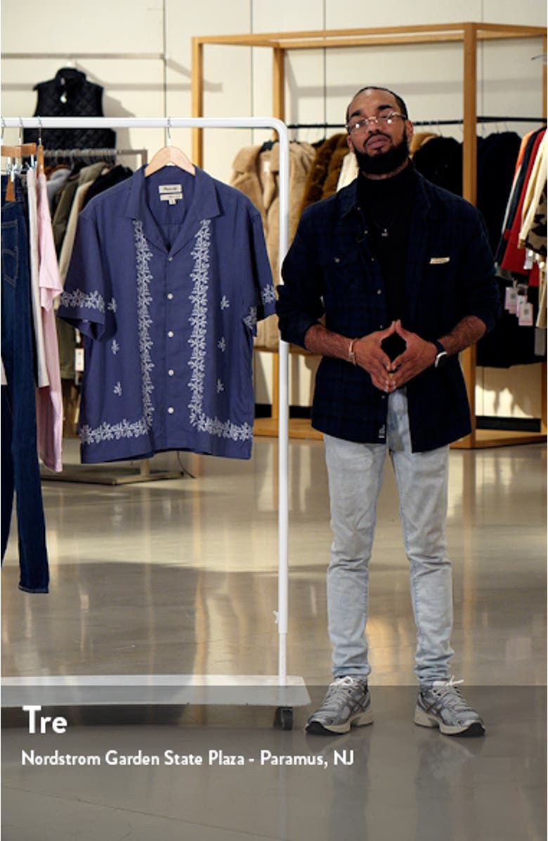 Easy Embroidered Short Sleeve Linen Blend Button-Up Shirt, sales video thumbnail