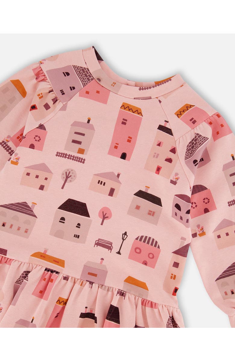 Deux par Deux Girl's Printed French Terry Dress Pink And Coral Houses, Alternate, color, 