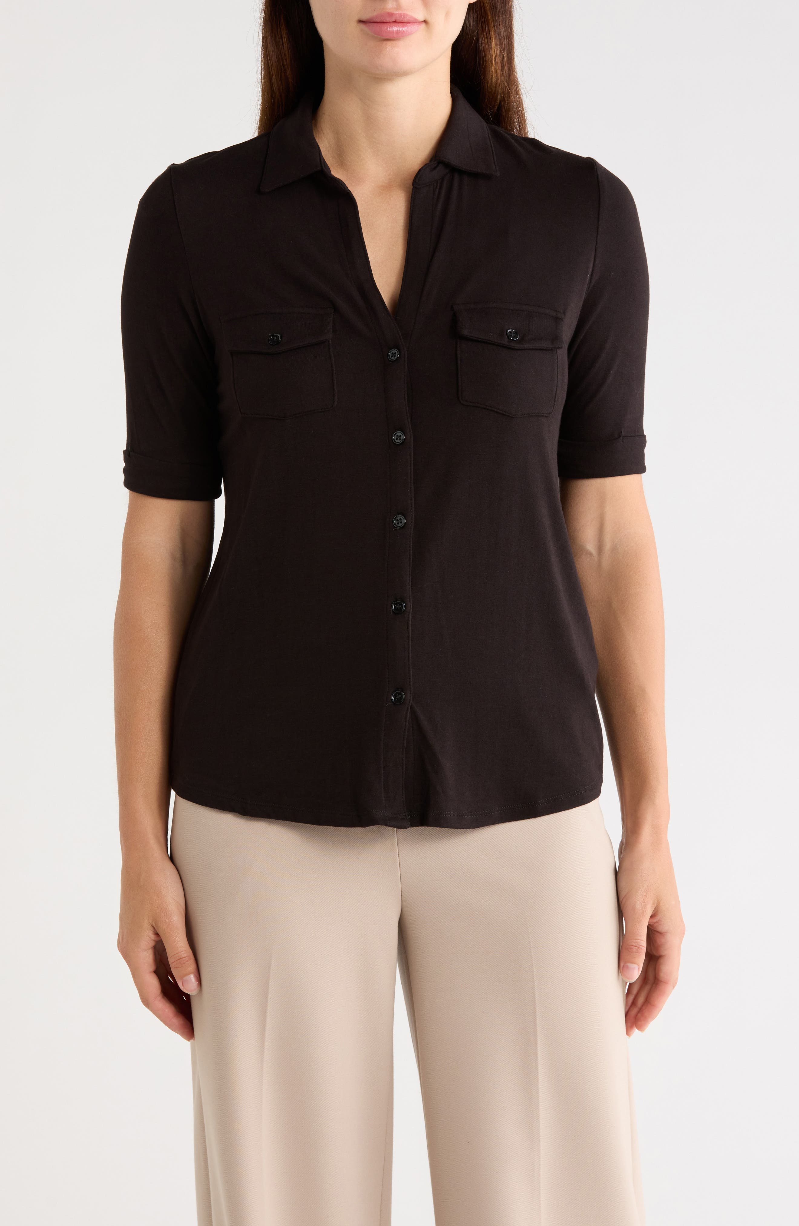 Cuffed Sleeve Button-Up Top
