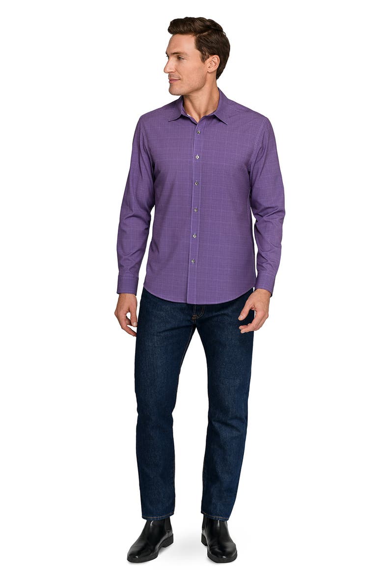 Slim Fit Square Geo Print Performance Button-Up Shirt, Alternate, color, PURPLE