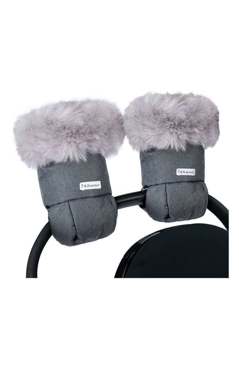 7 A.M. Enfant Tundra Faux Fur Trim Water Repellent Hand Warmer Stroller Muffs, Main, color, Dark Heather Grey Faux Fur