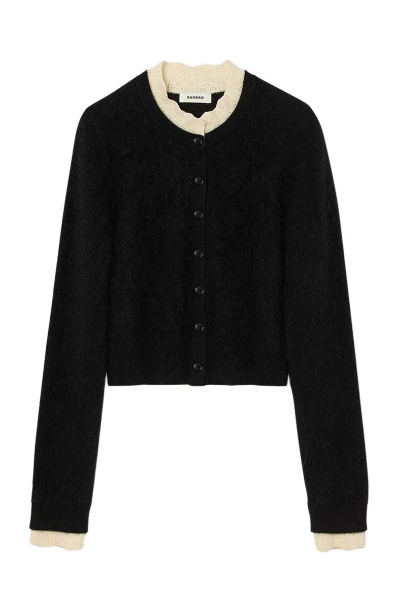 SANDRO Pointelle collar cardigan, Alternate, color, Black