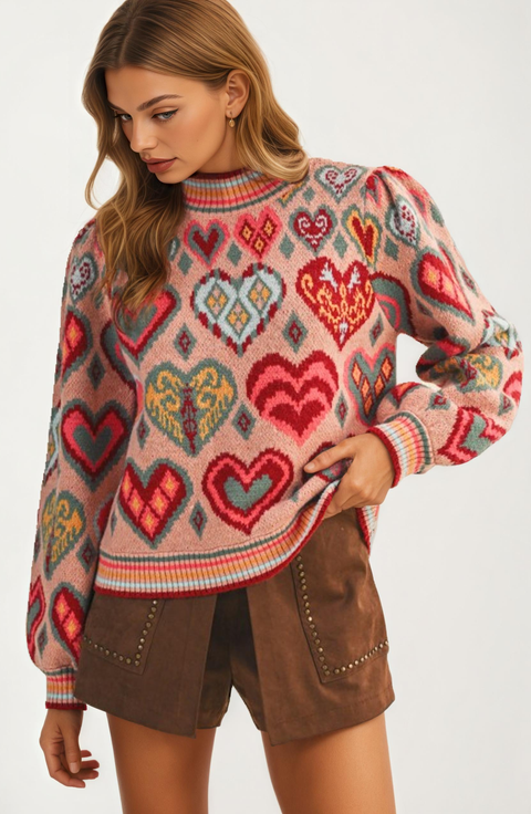 Colorful Heart Print Knit Sweater