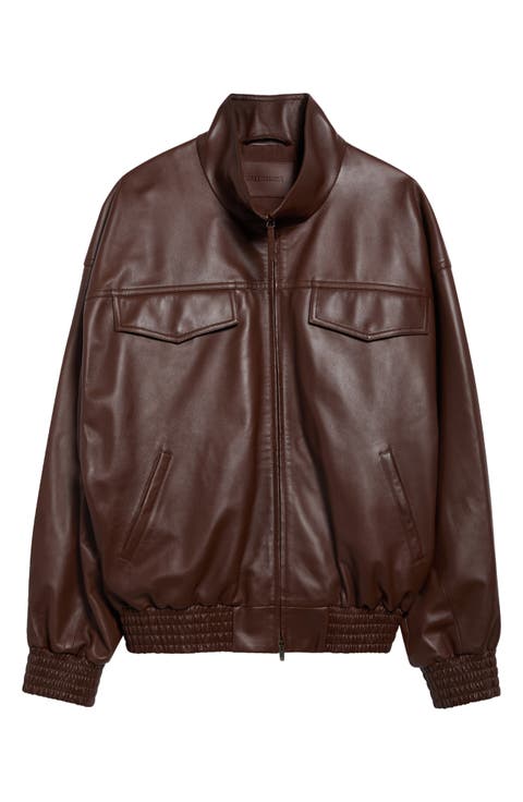 High Collar Leather Bomber Jacket