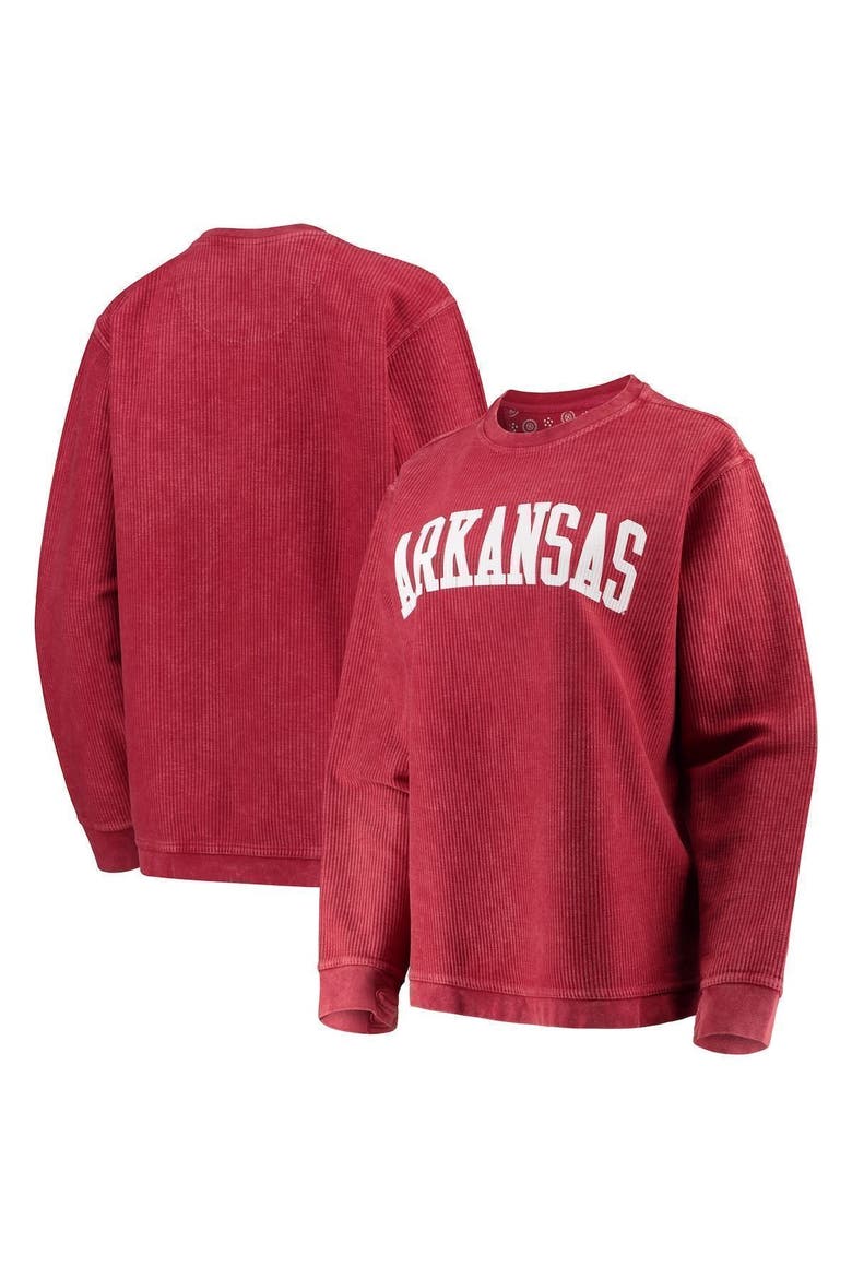 Women's Pressbox Cardinal Arkansas Razorbacks Comfy Cord Vintage Wash Basic Arch Pullover Sweatshirt, Main, color, CARDINAL