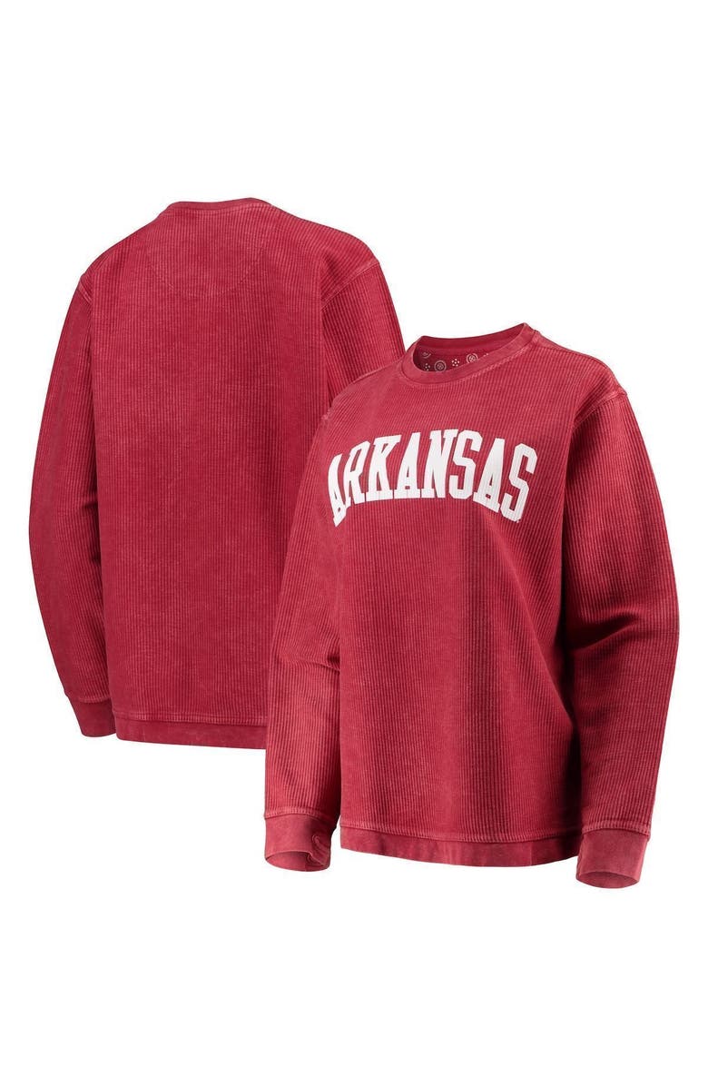 PRESSBOX Women's Pressbox Cardinal Arkansas Razorbacks Comfy Cord Vintage Wash Basic Arch Pullover Sweatshirt, Main, color, Cardinal