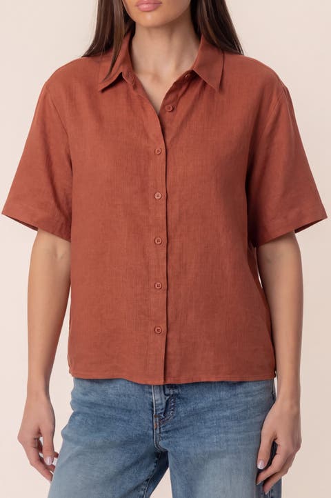 Relaxed Fit Folded Cuff Short Sleeve Linen Blend Shirt