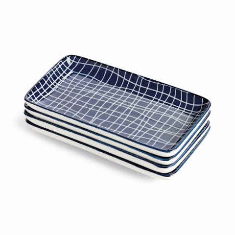 Stria 7" Trays, Set of 4 - Dark Blue/White Ceramic