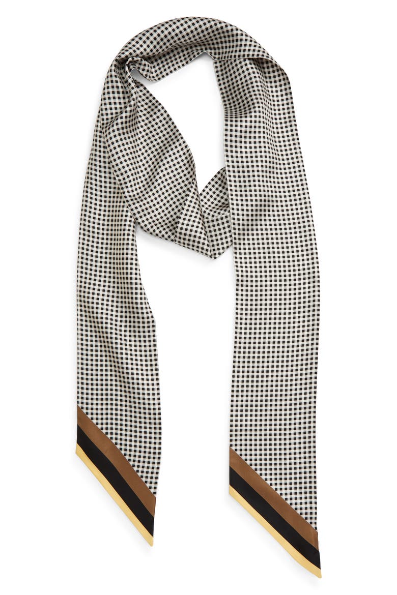 Wrappy Gingham Silk Skinny Scarf, Alternate, color, BLACK
