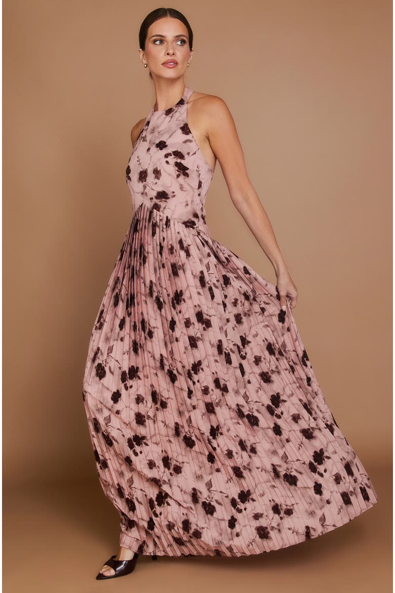 Floral Halter Pleated Ruffle Maxi Dress, Alternate, color, Dusky Pink