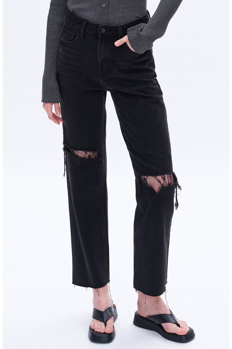 High Waist Lace Inset Rip Straight Leg Jeans, Main, color, SULFUR BLACK