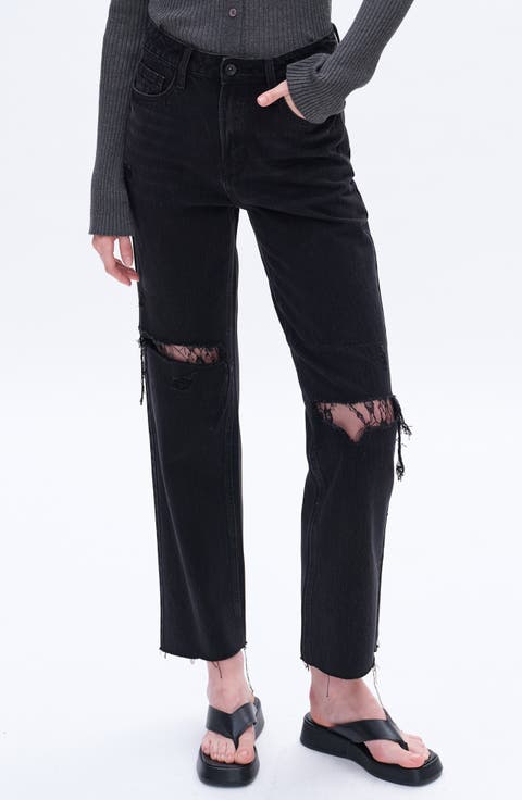 High Waist Lace Inset Rip Straight Leg Jeans (Sulfur Black)