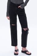 Bayeas High Waist Lace Inset Rip Straight Leg Jeans