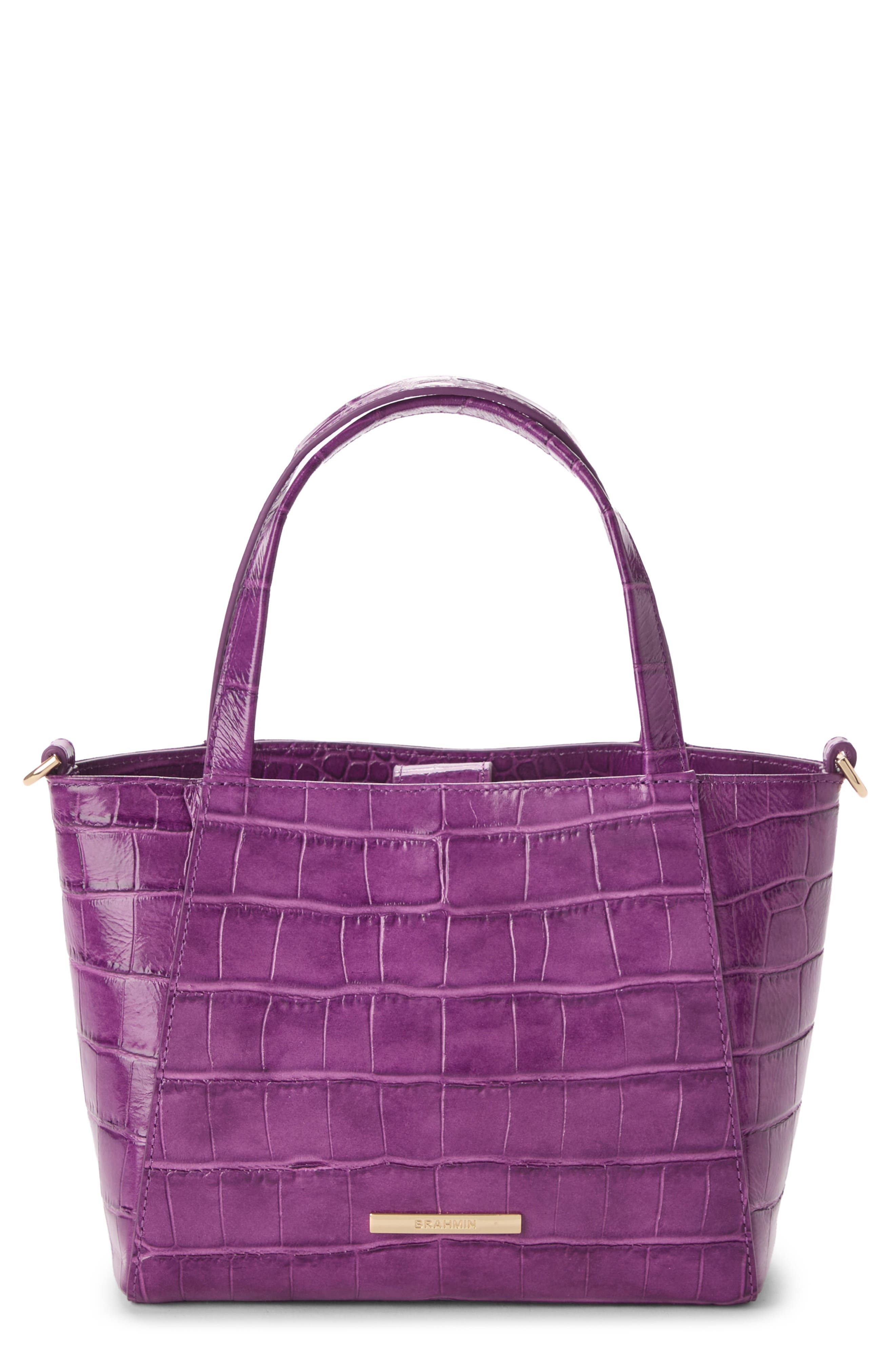 Brahmin Small Mona Croc Embossed Leather Tote, Main, color, Purple