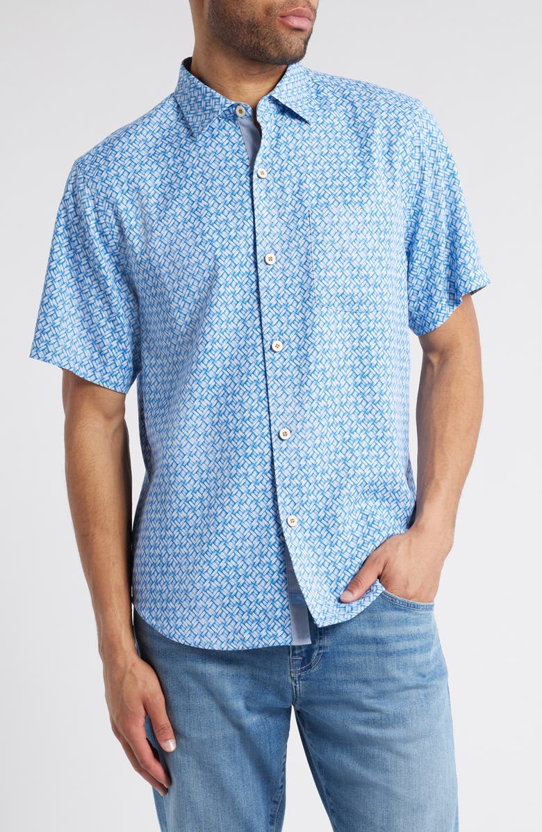 Tommy Bahama Weave in the Moment Short Sleeve Linen Button-Up Shirt, Main, color, Blue Monday