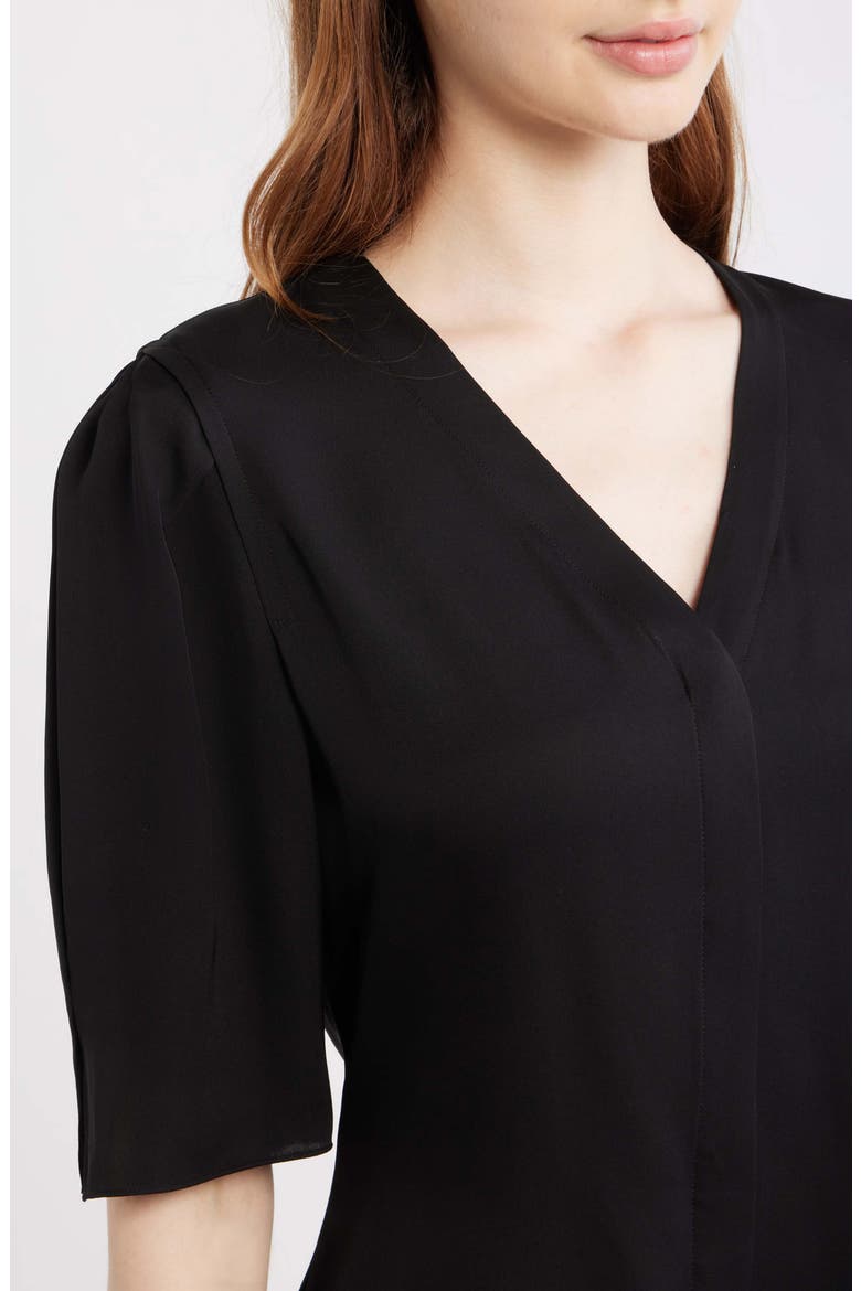 Round Sleeve Silk Button-Up Top, Alternate, color, BLACK