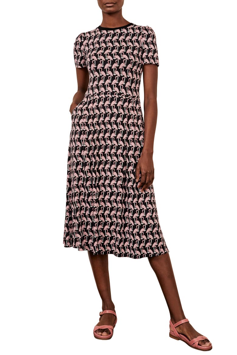 Lucinda Jersey Stripe Midi Dress, Main, color, BLACK TROPICAL FLAMINGO