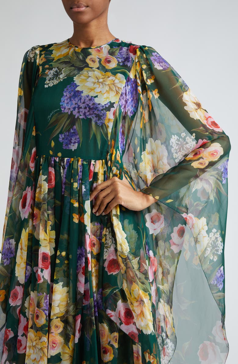 Dolce&Gabbana Garden Floral Print Long Sleeve Silk Chiffon Maxi Dress, Alternate, color, Hv4ybgiardino Fdo Verde