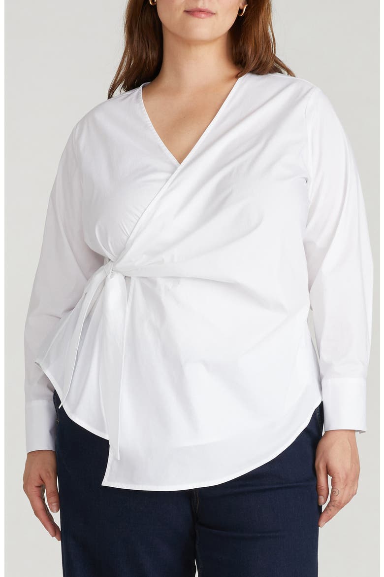 Stretch Cotton Blend Poplin Wrap Top, Main, color, WHITE