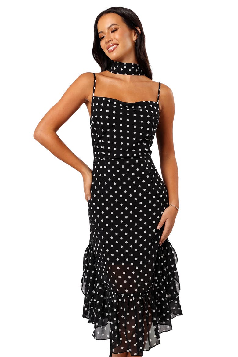 Francesca Dot Midi Dress & Scarf, Alternate, color, BLACK POLKA DOT