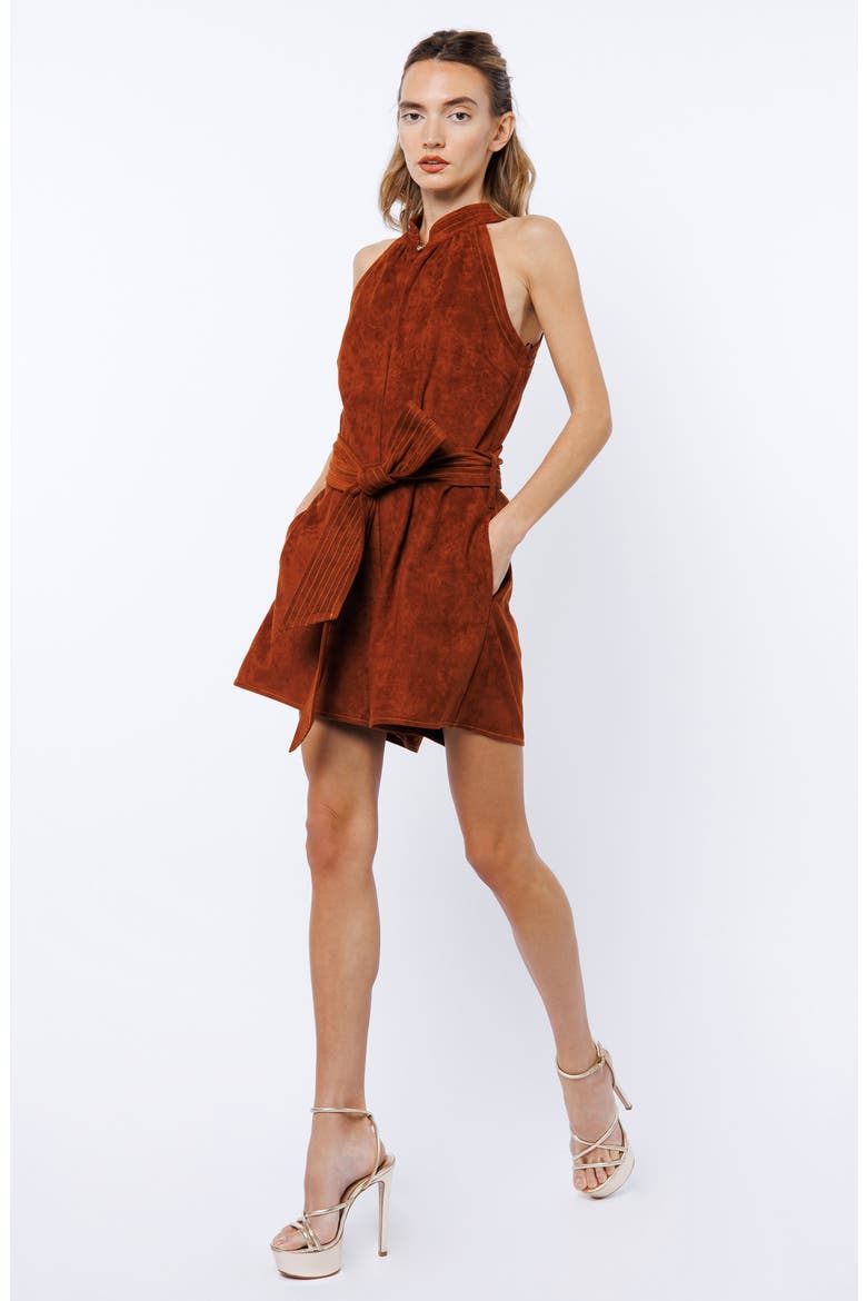 Louise Tie Waist Faux Suede Romper, Alternate, color, BROWN