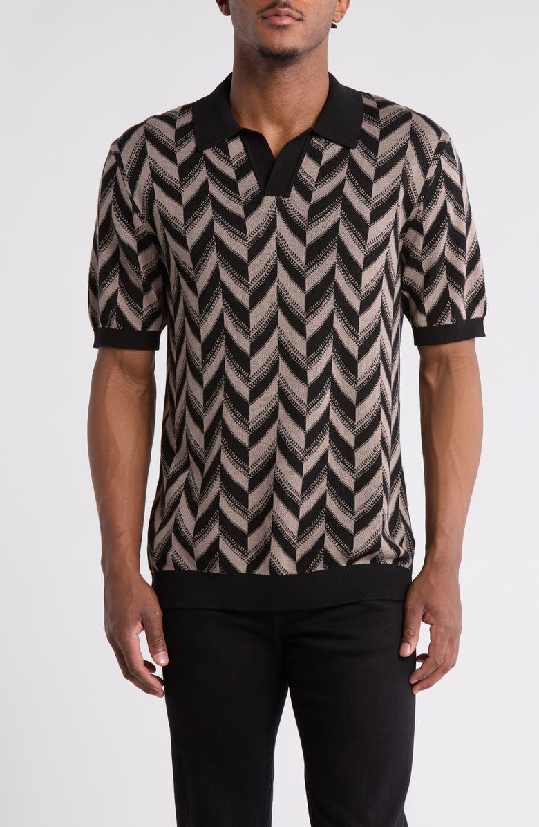 JASON WU Johnny Collar Silk & Cotton Jacquard Polo, Main, color, Black/ Soft Taupe