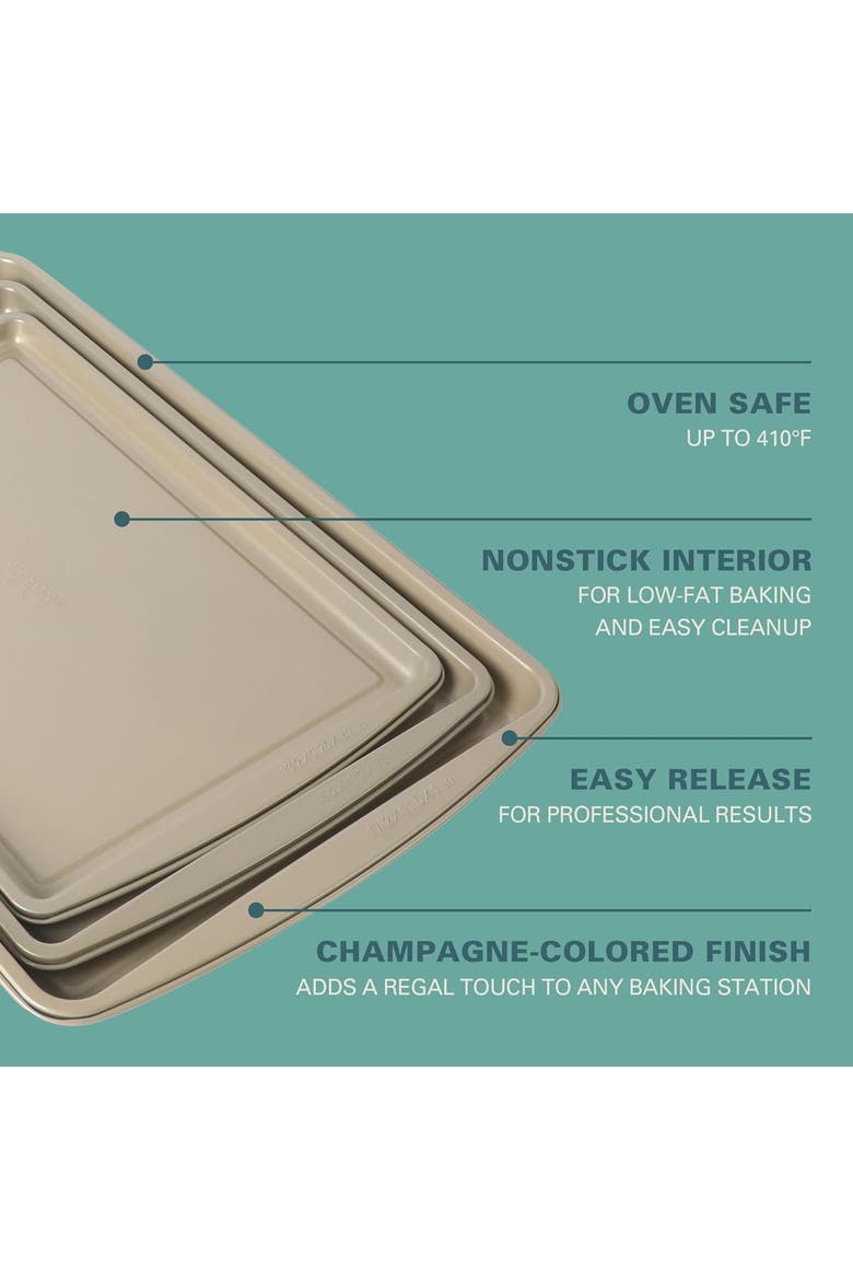 3 Piece Carbon Steel Nonstick Cookie Sheet Set in Gold, Alternate, color, Gold
