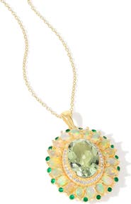 YS GEMS Green Quartz & Semiprecious Stone Halo Pendant Necklace