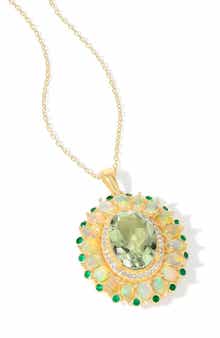 Green Quartz & Semiprecious Stone Halo Pendant Necklace